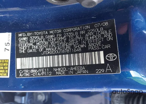 2008 Toyota Prius из США, поврежденный, VIN JTDKB20U187811648